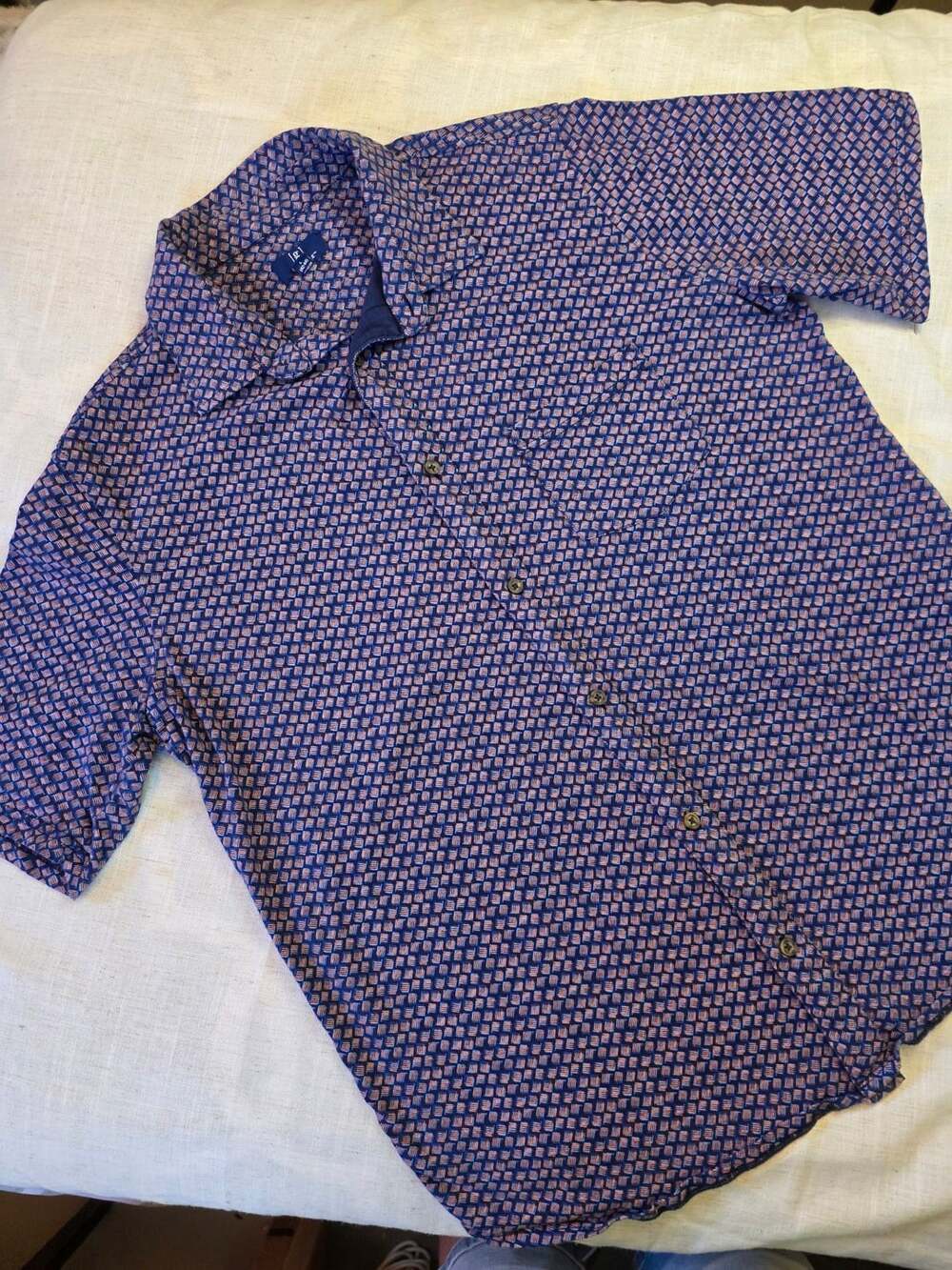 George Mens Large 42-44 Blue Short Sleeve Knit Button Down Geometric Shirt